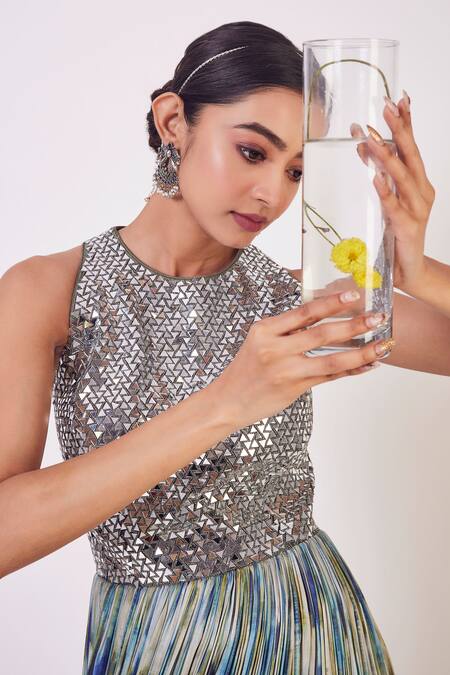 Shop_Onaya_Multi Color Raw Silk And Satin Abstract & Mirror Round Printed Gown_Online_at_Aza_Fashions