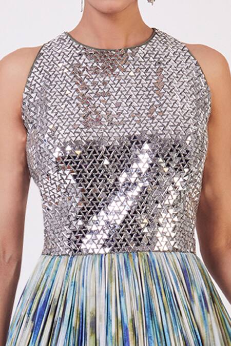 Onaya_Multi Color Raw Silk And Satin Abstract & Mirror Round Printed Gown_at_Aza_Fashions