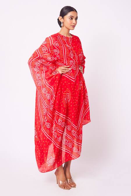 Onaya_Red Chiffon Bandhani Print And Mirror Round Tunic_Online_at_Aza_Fashions