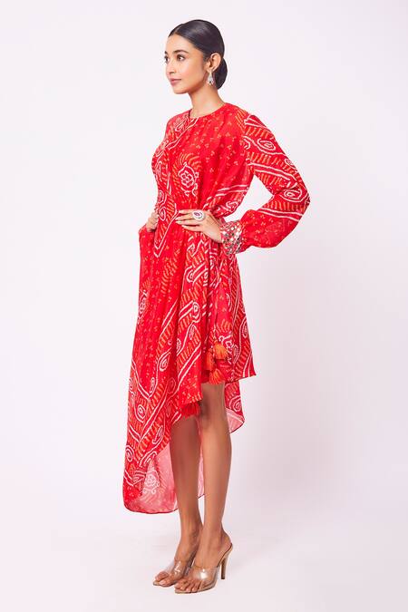 Shop_Onaya_Red Chiffon Bandhani Print And Mirror Round Tunic_Online_at_Aza_Fashions