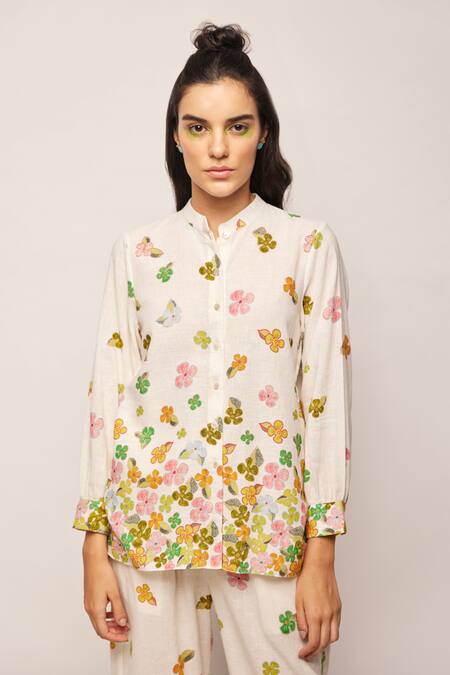 Swati Vijaivargie White Linen Cotton Floral Mandarin Collar Print Shirt Online at Aza Fashions Swati Vijaivargie_White Linen Cotton Floral Mandarin Collar Print Shirt _Online_at_Aza_Fashions