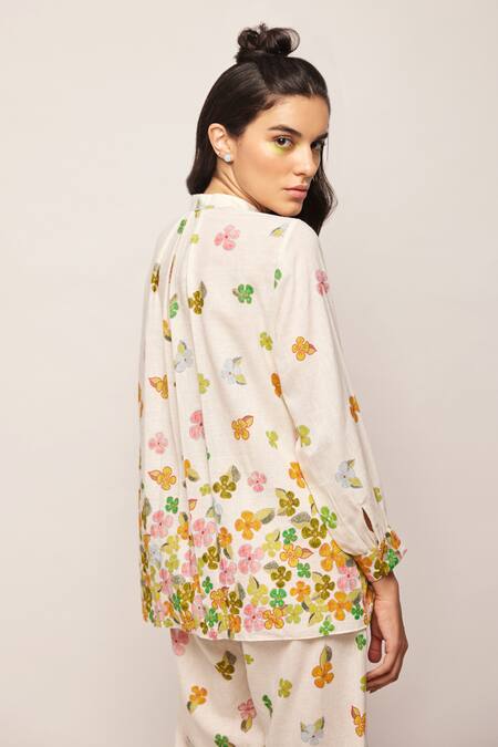 Buy Swati Vijaivargie White Linen Cotton Floral Mandarin Collar Print Shirt Online at Aza Fashions Buy_Swati Vijaivargie_White Linen Cotton Floral Mandarin Collar Print Shirt _Online_at_Aza_Fashions