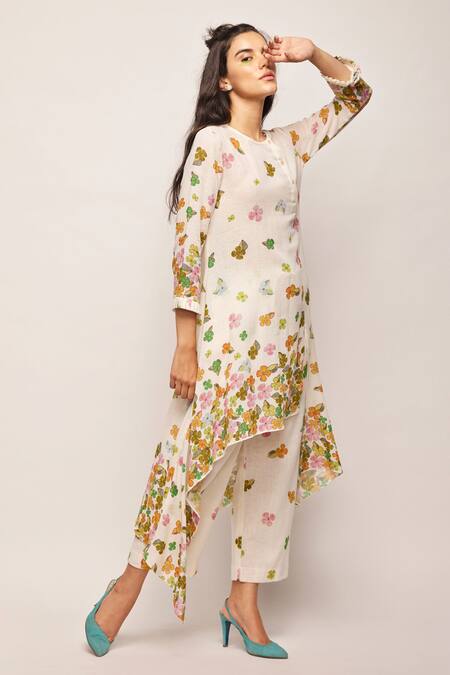 Swati Vijaivargie_White Linen Cotton Printed Floral Round Asymmetric Tunic _Online_at_Aza_Fashions