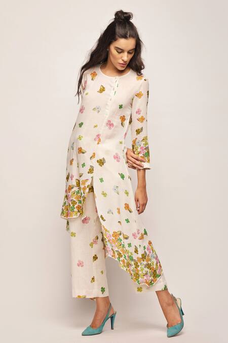 Buy_Swati Vijaivargie_White Linen Cotton Printed Floral Round Asymmetric Tunic _Online_at_Aza_Fashions