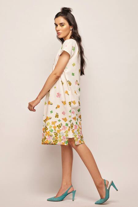Shop Swati Vijaivargie White Linen Cotton Floral V Neck Print Dress Online at Aza Fashions Shop_Swati Vijaivargie_White Linen Cotton Floral V Neck Print Dress _Online_at_Aza_Fashions