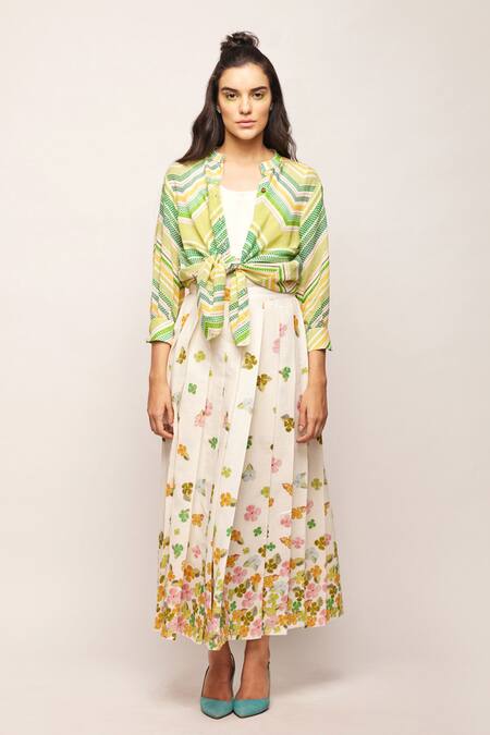Swati Vijaivargie_Green Linen Cotton Chevron, Striped Band Collar Print Shirt _Online_at_Aza_Fashions