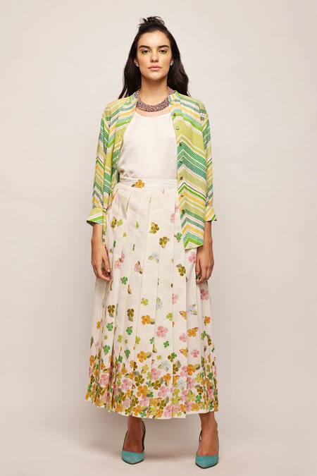 Buy_Swati Vijaivargie_Green Linen Cotton Chevron, Striped Band Collar Print Shirt _Online_at_Aza_Fashions