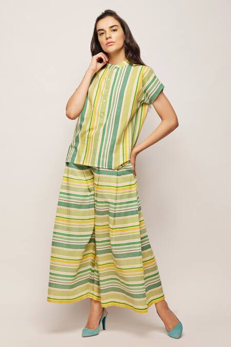 Buy_Swati Vijaivargie_Green Linen Cotton Striped Patterned Pleated Pant _Online_at_Aza_Fashions