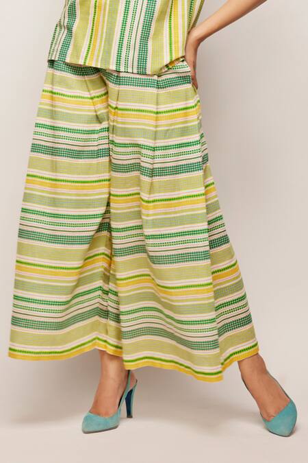 Shop_Swati Vijaivargie_Green Linen Cotton Striped Patterned Pleated Pant _Online_at_Aza_Fashions