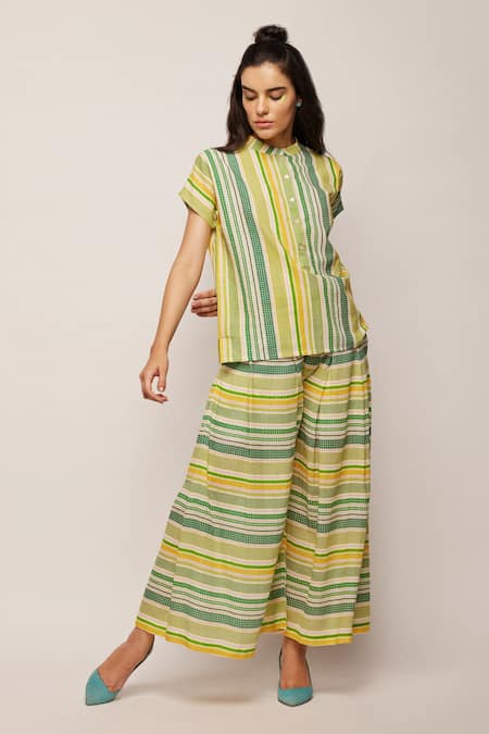 Swati Vijaivargie_Green Linen Cotton Striped, Dot Mandarin Collar Patterned Top _Online_at_Aza_Fashions