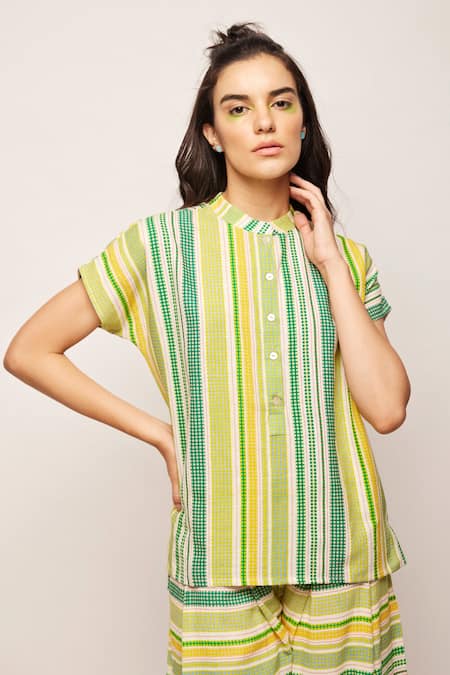 Buy_Swati Vijaivargie_Green Linen Cotton Striped, Dot Mandarin Collar Patterned Top _Online_at_Aza_Fashions