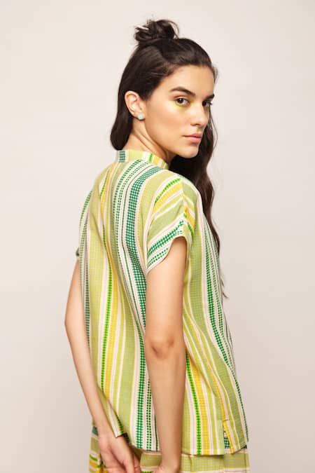 Shop_Swati Vijaivargie_Green Linen Cotton Striped, Dot Mandarin Collar Patterned Top _Online_at_Aza_Fashions