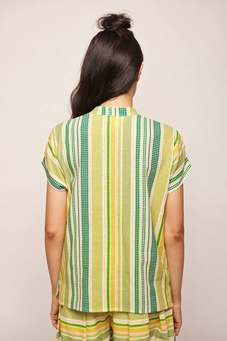 Swati Vijaivargie_Green Linen Cotton Striped, Dot Mandarin Collar Patterned Top _at_Aza_Fashions