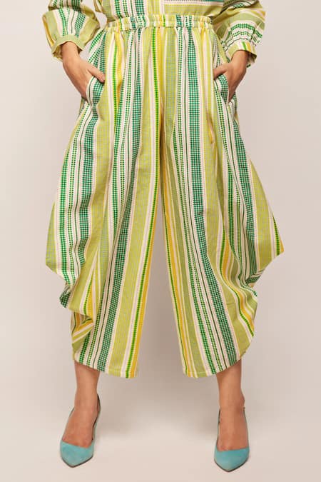 Shop_Swati Vijaivargie_Green Linen Cotton Striped Patterned Draped Pant _Online_at_Aza_Fashions