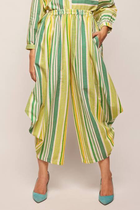 Swati Vijaivargie_Green Linen Cotton Striped Patterned Draped Pant _at_Aza_Fashions