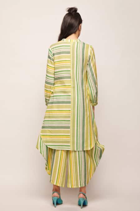 Shop Swati Vijaivargie Green Linen Cotton Striped Band Collar Patterned Tunic at Aza Fashions Shop_Swati Vijaivargie_Green Linen Cotton Striped Band Collar Patterned Tunic _at_Aza_Fashions