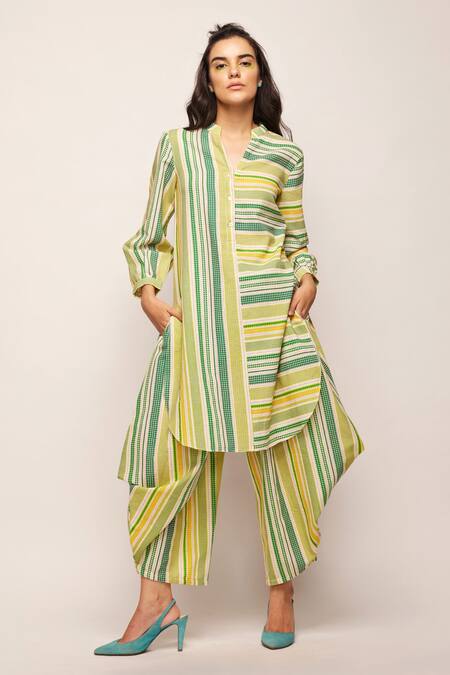 Buy Swati Vijaivargie Green Linen Cotton Striped Band Collar Patterned Tunic Online at Aza Fashions Buy_Swati Vijaivargie_Green Linen Cotton Striped Band Collar Patterned Tunic _Online_at_Aza_Fashions