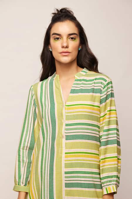 Shop Swati Vijaivargie Green Linen Cotton Striped Band Collar Patterned Tunic Online at Aza Fashions Shop_Swati Vijaivargie_Green Linen Cotton Striped Band Collar Patterned Tunic _Online_at_Aza_Fashions