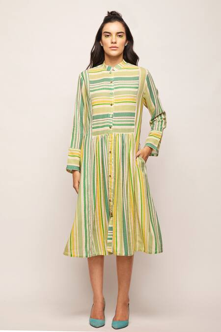 Swati Vijaivargie_Green Linen Cotton Chevron, Striped Mandarin Collar Patterned Dress _Online_at_Aza_Fashions