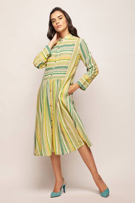 Buy_Swati Vijaivargie_Green Linen Cotton Chevron, Striped Mandarin Collar Patterned Dress _Online_at_Aza_Fashions
