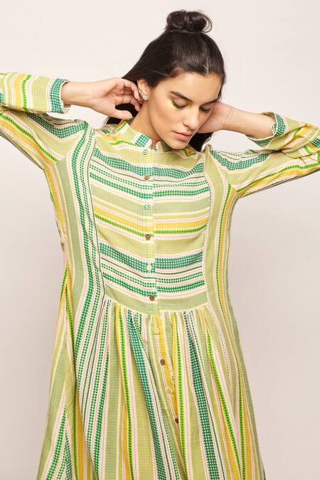 Shop_Swati Vijaivargie_Green Linen Cotton Chevron, Striped Mandarin Collar Patterned Dress _Online_at_Aza_Fashions