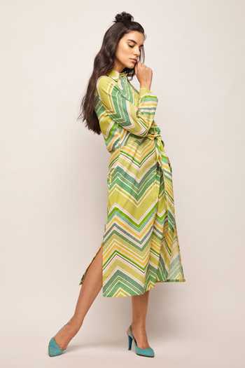 Swati Vijaivargie_Green Linen Cotton Chevron, Dot Shirt Collar Patterned Jacket Dress _Online_at_Aza_Fashions