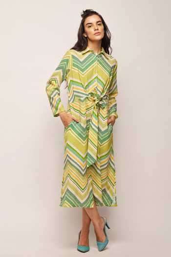 Buy_Swati Vijaivargie_Green Linen Cotton Chevron, Dot Shirt Collar Patterned Jacket Dress _Online_at_Aza_Fashions