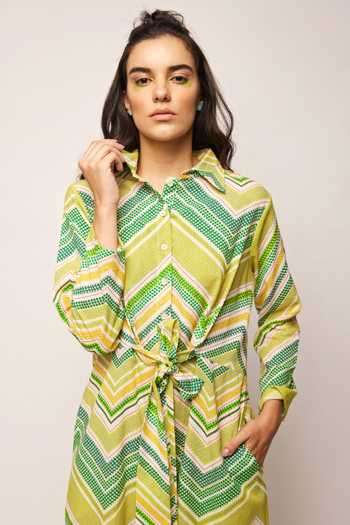 Shop_Swati Vijaivargie_Green Linen Cotton Chevron, Dot Shirt Collar Patterned Jacket Dress _Online_at_Aza_Fashions