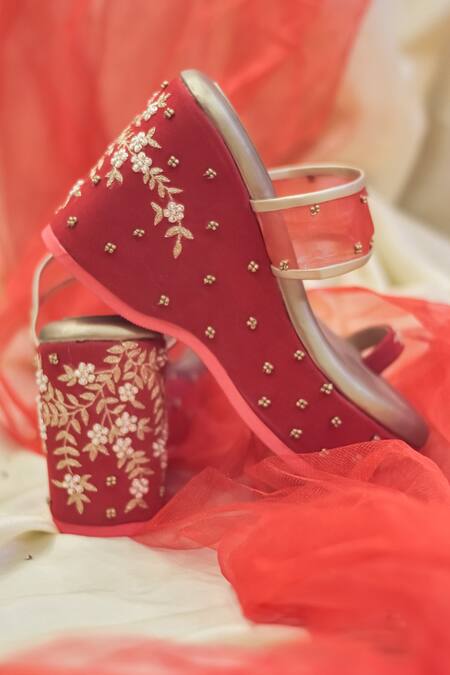 Around Always_Red Embroidery Mia Wedges _Online_at_Aza_Fashions