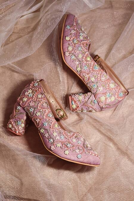 Floral Print Faux Leather Heel Sandle With Buckle For Women - Pink
