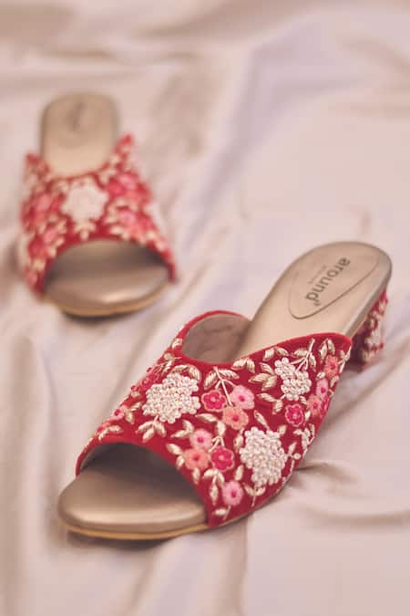 AROUND ALWAYS Red Embroidered Shireen Velvet Peep Toe Heels 