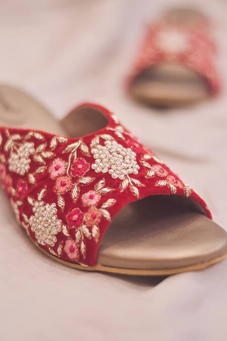 Around Always_Red Embroidery Shireen Velvet Peep Toe Heels _Online_at_Aza_Fashions