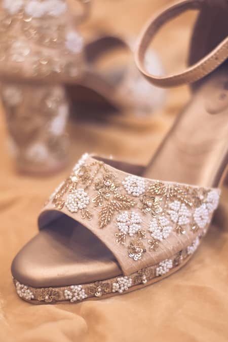 Be Mine Bridal Carmela Block Heeled Sandals With Embellished Ribbon Tie In  Ivory Satin-white | ModeSens