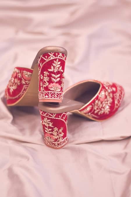 Around Always_Red Embroidery Dina Velvet Block Heel Sandals _Online_at_Aza_Fashions