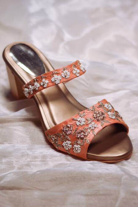Around Always_Peach Embroidery Ivey Block Heels_Online_at_Aza_Fashions