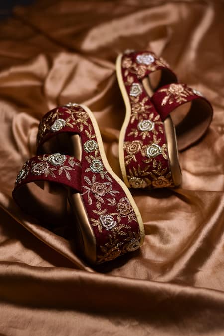 Shop Around Always Maroon Embroidery Garden Of Roses Wedges at Aza Fashions Shop_Around Always_Maroon Embroidery Garden Of Roses Wedges _at_Aza_Fashions