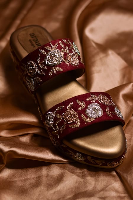 Around Always Maroon Embroidery Garden Of Roses Wedges Online at Aza Fashions Around Always_Maroon Embroidery Garden Of Roses Wedges _Online_at_Aza_Fashions