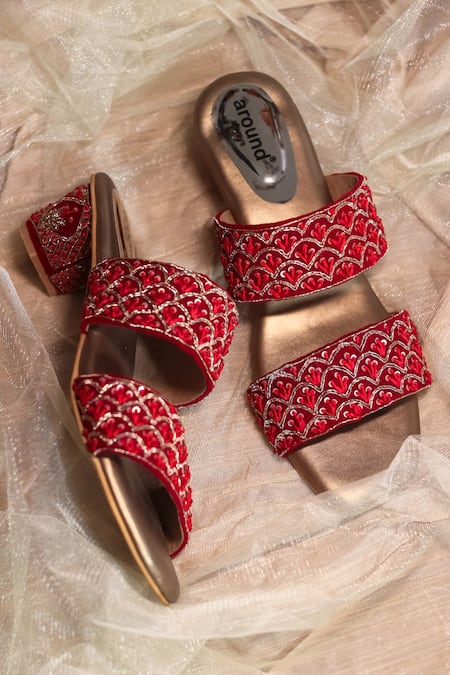 Shop Around Always Red Embroidery Niva Block Heels at Aza Fashions Shop_Around Always_Red Embroidery Niva Block Heels _at_Aza_Fashions