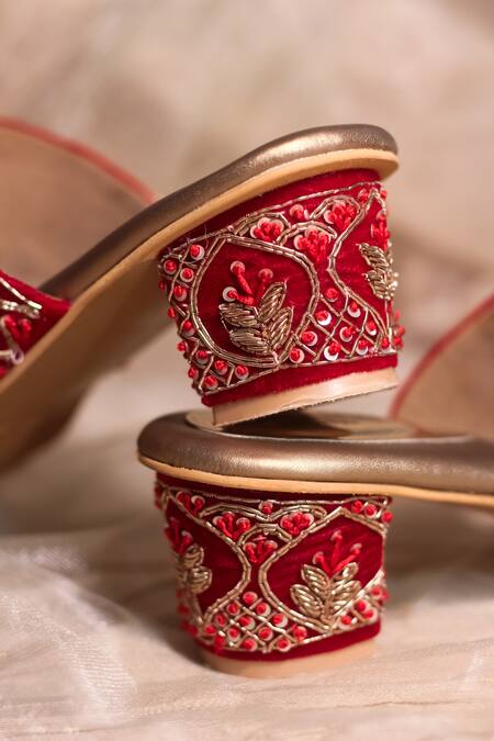 Around Always Red Embroidery Niva Block Heels Online at Aza Fashions Around Always_Red Embroidery Niva Block Heels _Online_at_Aza_Fashions