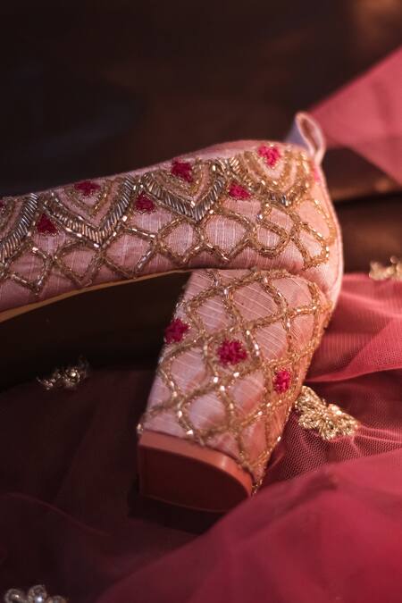 Around Always Pink Embroidery Adore Block Heel Pumps Online at Aza Fashions Around Always_Pink Embroidery Adore Block Heel Pumps_Online_at_Aza_Fashions