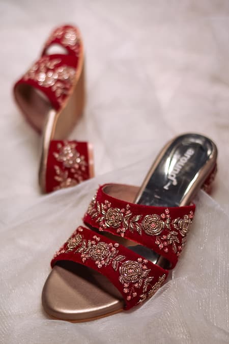 Shop Around Always Red Embroidery Gulshan Velvet Block Heels at Aza Fashions Shop_Around Always_Red Embroidery Gulshan Velvet Block Heels _at_Aza_Fashions