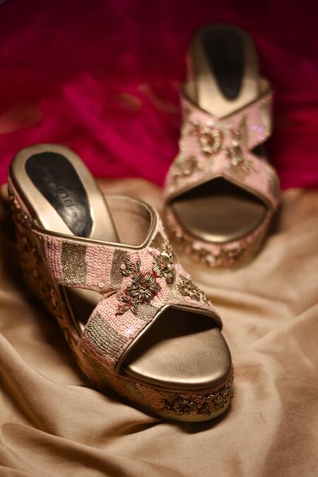 Around Always_Peach Embroidery Eden Wedges_Online_at_Aza_Fashions