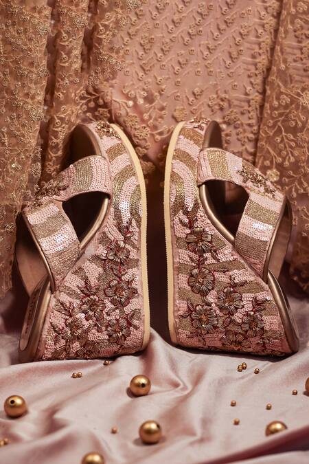 Buy_Around Always_Peach Embroidery Eden Wedges_Online_at_Aza_Fashions