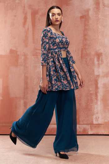 Suruchi Parakh_Blue Georgette Floral Motifs Square Neck Printed Peplum Top And Pant Set _Online_at_Aza_Fashions