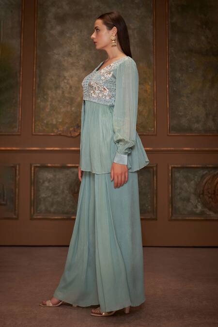Buy_Suruchi Parakh_Green Satin Silk, Georgette Crepe Geometric And Embroidered Peplum Top & Pant Set_Online_at_Aza_Fashions