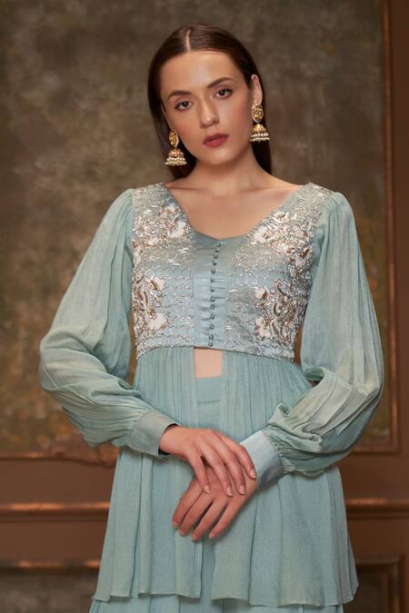 Shop_Suruchi Parakh_Green Satin Silk, Georgette Crepe Geometric And Embroidered Peplum Top & Pant Set_Online_at_Aza_Fashions