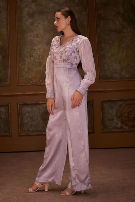 Suruchi Parakh_Purple Satin Silk, Georgette Crepe Floral Motifs V Hand Embroidered Jumpsuit_Online_at_Aza_Fashions