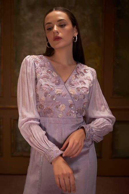 Buy_Suruchi Parakh_Purple Satin Silk, Georgette Crepe Floral Motifs V Hand Embroidered Jumpsuit_Online_at_Aza_Fashions