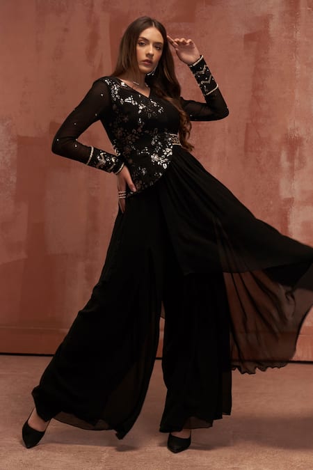 Suruchi Parakh_Black Chiffon, Georgette Floral Motifs V Neck Draped Jacket Kurta And Pant Set _Online_at_Aza_Fashions