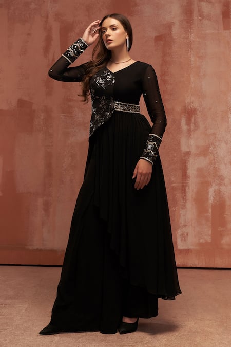 Buy_Suruchi Parakh_Black Chiffon, Georgette Floral Motifs V Neck Draped Jacket Kurta And Pant Set _Online_at_Aza_Fashions